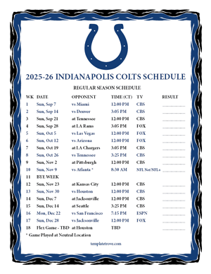 Indianapolis Colts 2025-26
 Printable Schedule - Central Times