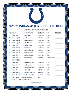 Indianapolis Colts 2025-26
 Printable Schedule - Pacific Times