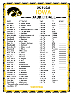 2024-25 Printable Iowa Hawkeyes Basketball Schedule