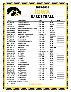 Iowa Hawkeyes Basketball 2025-26 Printable Schedule - Pacific Times