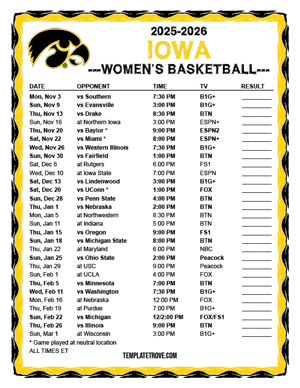 2024-25 Printable Iowa Hawkeyes Women's Basketball Schedule