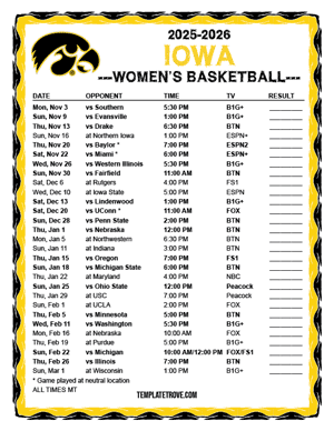 Iowa Hawkeyes Women's Basketball 2025-26 Printable Schedule - Mountain Times