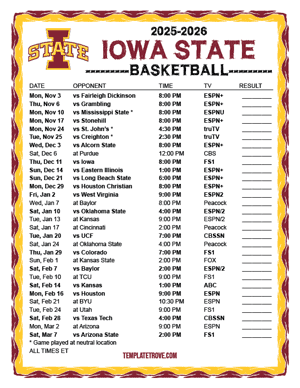 2024-25 Printable Iowa State Cyclones Basketball Schedule