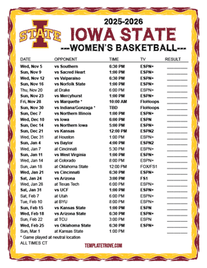 Iowa State Cyclones Women's Basketball 2025-26 Printable Schedule - Central Times