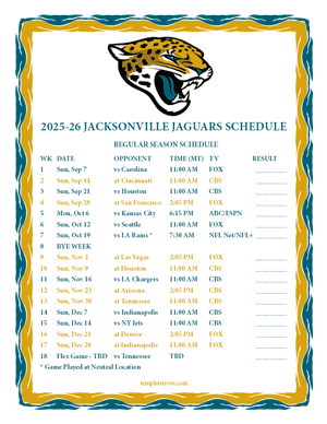 Jacksonville Jaguars 2025-26
 Printable Schedule - Mountain Times