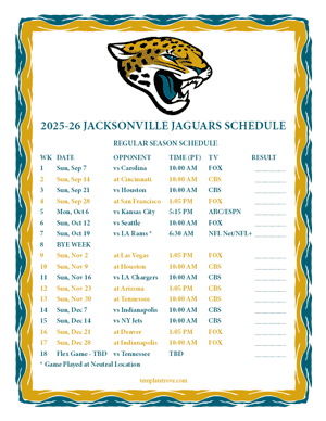 Jacksonville Jaguars 2025-26
 Printable Schedule - Pacific Times