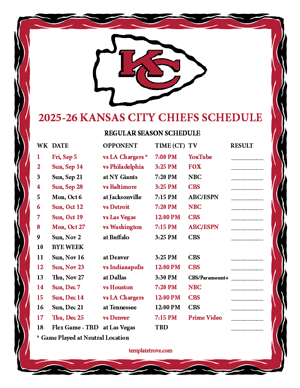 Kansas City Chiefs 2025-26
 Printable Schedule - Central Times