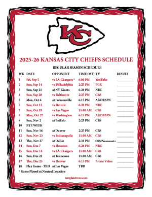 Kansas City Chiefs 2025-26
 Printable Schedule - Mountain Times