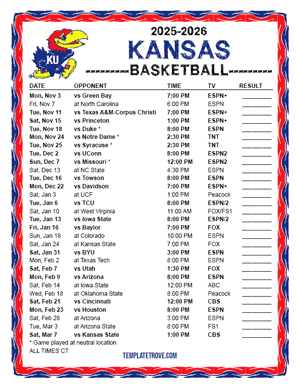 Kansas Jayhawks Basketball 2025-26 Printable Schedule - Central Times