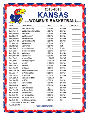 Kansas Jayhawks Women's Basketball 2025-26 Printable Schedule - Mountain Times