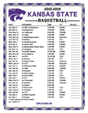 Kansas State Wildcats Basketball 2025-26 Printable Schedule - Central Times