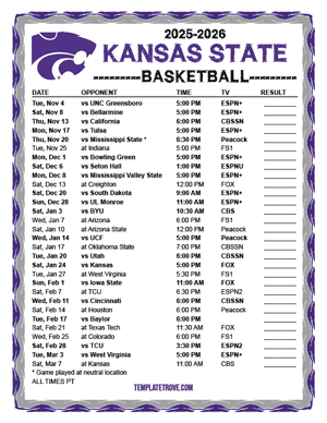 Kansas State Wildcats Basketball 2025-26 Printable Schedule - Pacific Times