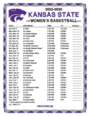 2024-25 Printable Kansas State Wildcats Women's Basketball Schedule