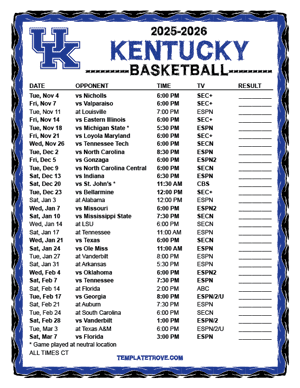Kentucky Wildcats Basketball 2025-26 Printable Schedule - Central Times