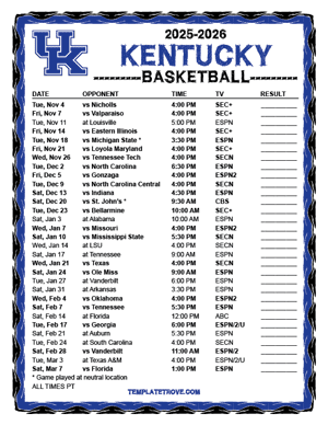 Kentucky Wildcats Basketball 2025-26 Printable Schedule - Pacific Times
