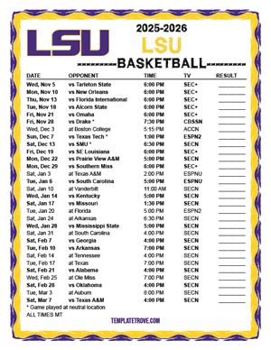 LSU Tigers Basketball 2025-26 Printable Schedule - Mountain Times