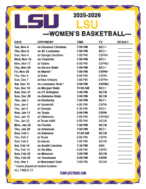 LSU Tigers women's basketball 2025-26 Printable Schedule - Central Times