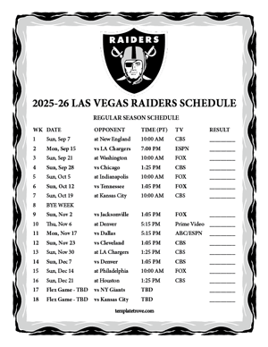 Las Vegas Raiders 2025-26
Printable Schedule - Pacific Times