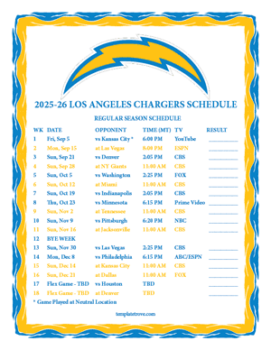 Los Angeles Chargers 2025-26
 Printable Schedule - Mountain Times