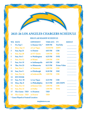 Los Angeles Chargers 2025-26
 Printable Schedule