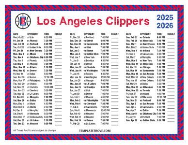 Los Angeles Clippers 2025-26 Printable Schedule - Pacific Times