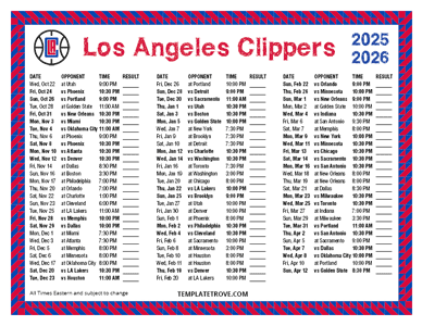 Los Angeles Clippers 2025-26 Printable Schedule