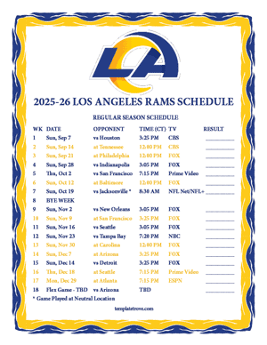 Los Angeles Rams 2025-26
 Printable Schedule - Central Times