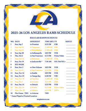 Los Angeles Rams 2025-26
 Printable Schedule - Mountain Times