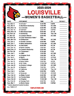 Louisville Cardinals women's basketball 2025-26 Printable Schedule - Central Times