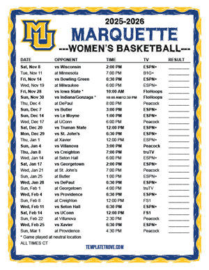 Marquette Golden Eagles Women's Basketball 2025-26 Printable Schedule - Central Times