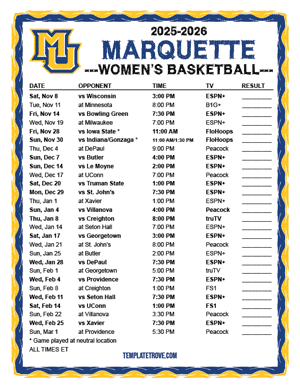 2024-25 Printable Marquette Golden Eagles Women's Basketball Schedule
