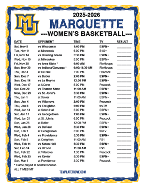 Marquette Golden Eagles Women's Basketball 2025-26 Printable Schedule - Mountain Times