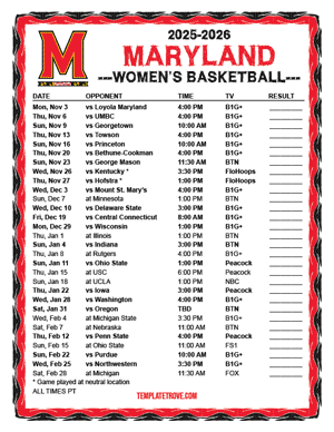 Maryland Terrapins Women's Basketball 2025-26 Printable Schedule - Pacific Times