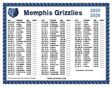 Memphis Grizzlies 2025-26 Printable Schedule - Mountain Times
