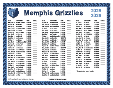 Memphis Grizzlies 2025-26 Printable Schedule - Pacific Times