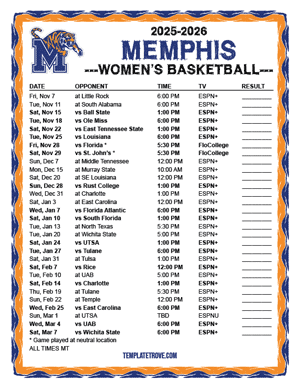 Memphis Tigers women's basketball 2025-26 Printable Schedule - Mountain Times