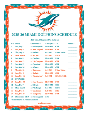 Miami Dolphins 2025-26
 Printable Schedule - Mountain Times