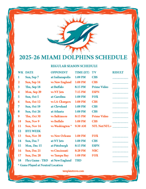 Miami Dolphins 2025-26
 Printable Schedule