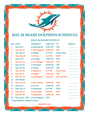 Miami Dolphins 2025-26
 Printable Schedule - Pacific Times