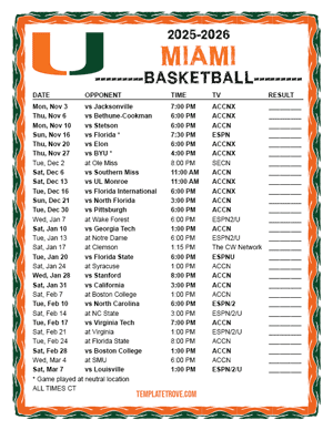 Miami Hurricanes Basketball 2025-26 Printable Schedule - Central Times