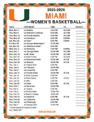 Miami Hurricanes women's basketball 2025-26 Printable Schedule - Mountain Times