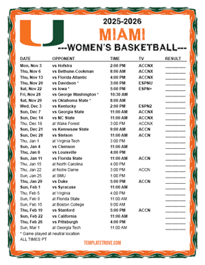 Miami Hurricanes women's basketball 2025-26 Printable Schedule - Pacific Times