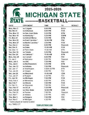 Michigan State Spartans Basketball 2025-26 Printable Schedule - Central Times