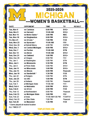 Michigan Wolverines Women's Basketball 2025-26 Printable Schedule - Central Times