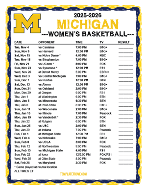 2024-25 Printable Michigan Wolverines Women's Basketball Schedule