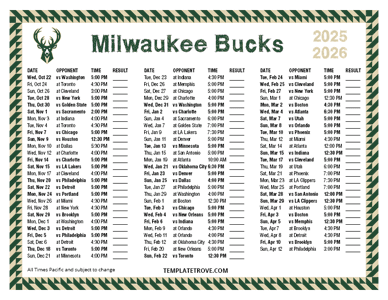 Milwaukee Bucks 2025-26 Printable Schedule - Pacific Times