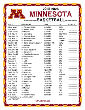 2024-25 Printable Minnesota Golden Gophers Basketball Schedule
