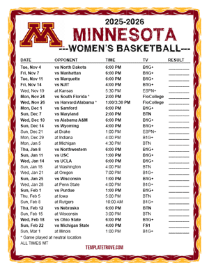 Minnesota Golden Gophers Women's Basketball 2025-26 Printable Schedule - Mountain Times