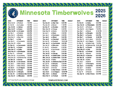 Minnesota Timberwolves 2025-26 Printable Schedule - Pacific Times