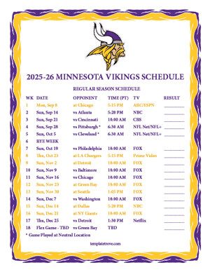 Minnesota Vikings 2025-26
Printable Schedule - Pacific Times